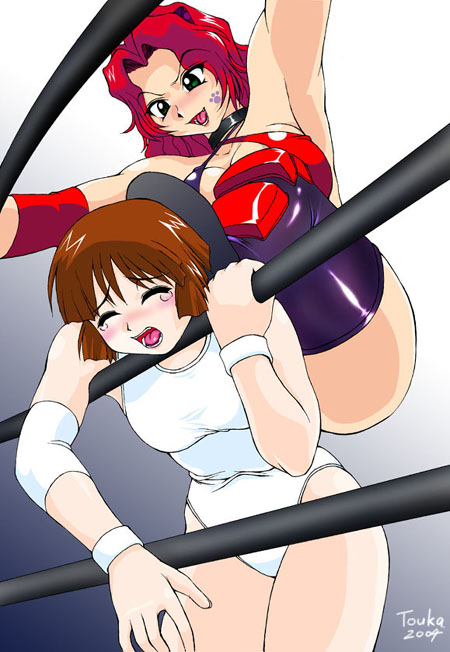 blush, catfight, feet, femdom, fighting, jewelry, knee pads, leotard, red hair, ring, tattoo, tears, thighhighs, wrestling, wrestling ring
