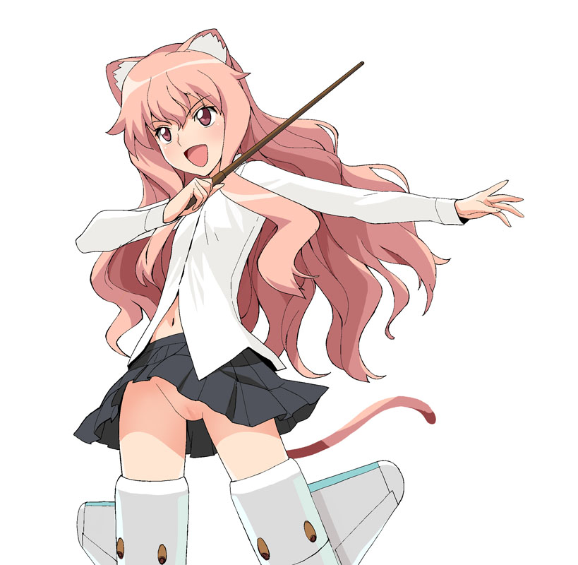 a1 (initial-g), louise francoise le blanc de la valliere, strike witches, world witches series, zero no tsukaima, 1girl, animal ears, female focus, loli, long hair, navel, no panties, parody, pink eyes, pink hair, pussy, skirt, solo, tail, wand