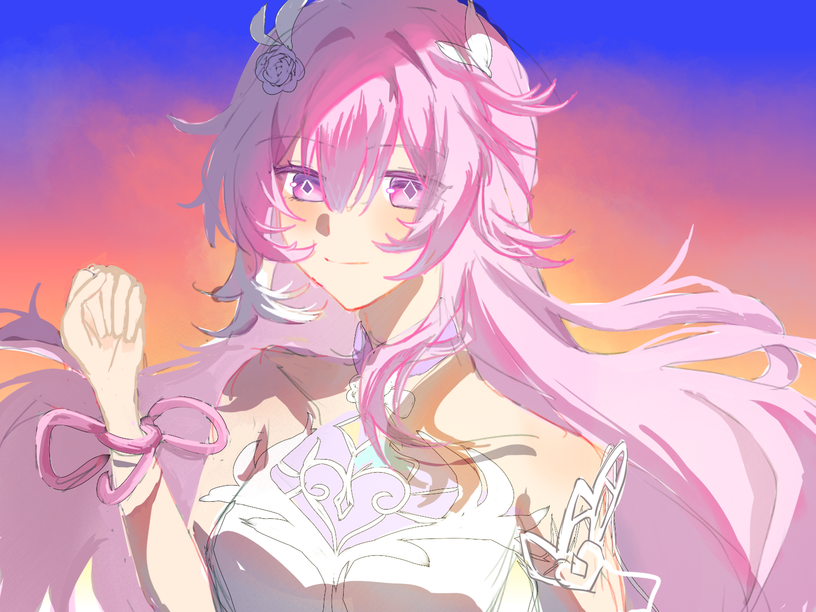 xiao ke ye ye ye, cyrene (honkai: star rail), cyrene (ripples of past reverie) (honkai: star rail), honkai: star rail, honkai (series), chinese commentary, commentary request, highres, 1girl, bare shoulders, breasts, diamond-shaped pupils, diamond (shape), dress, flower, gradient sky, hair flower, hair ornament, large breasts, long hair, looking at viewer, multicolored hair, pink hair, purple eyes, sky, smile, solo, symbol-shaped pupils, two-tone hair, upper body, very long hair, white dress, white hair