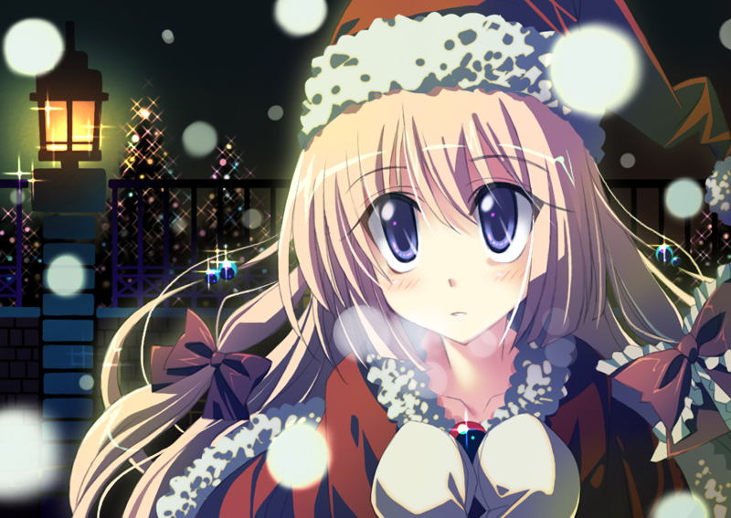 yamadori yoshitomo, original, bad id, bad pixiv id, 1girl, blonde hair, blue eyes, bow, christmas, christmas tree, female focus, hair bow, hat, long hair, mittens, santa costume, santa hat, snow, solo, white mittens