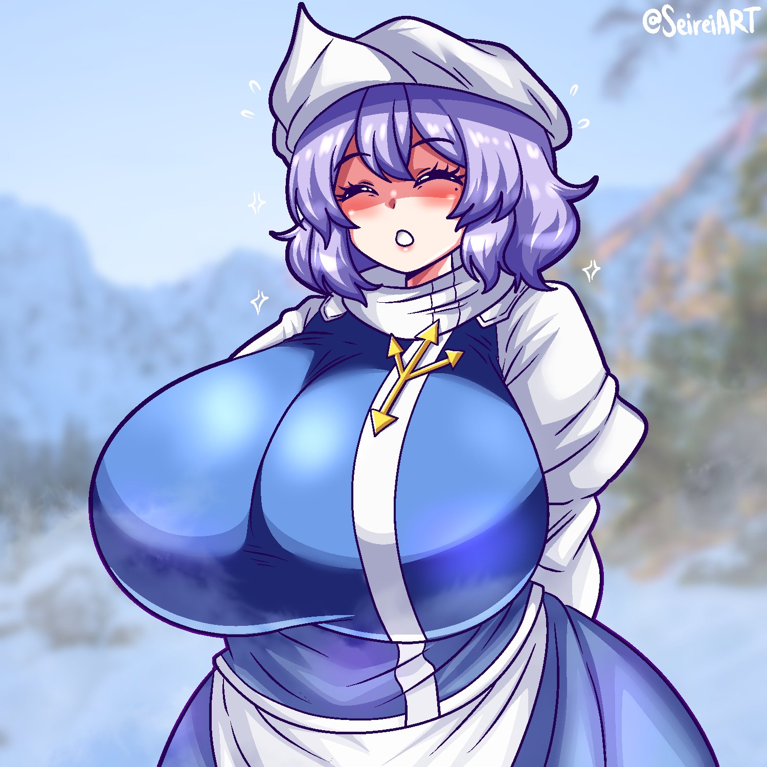 seireiart, letty whiterock, touhou, highres, 1girl, apron, arms behind back, blue skirt, blue vest, blush, breasts, closed eyes, hat, huge breasts, juliet sleeves, long sleeves, medium hair, puffy sleeves, purple hair, skirt, sweater, triangular headpiece, trident ornament, turtleneck, twitter username, vest, waist apron, white hat, white sweater
