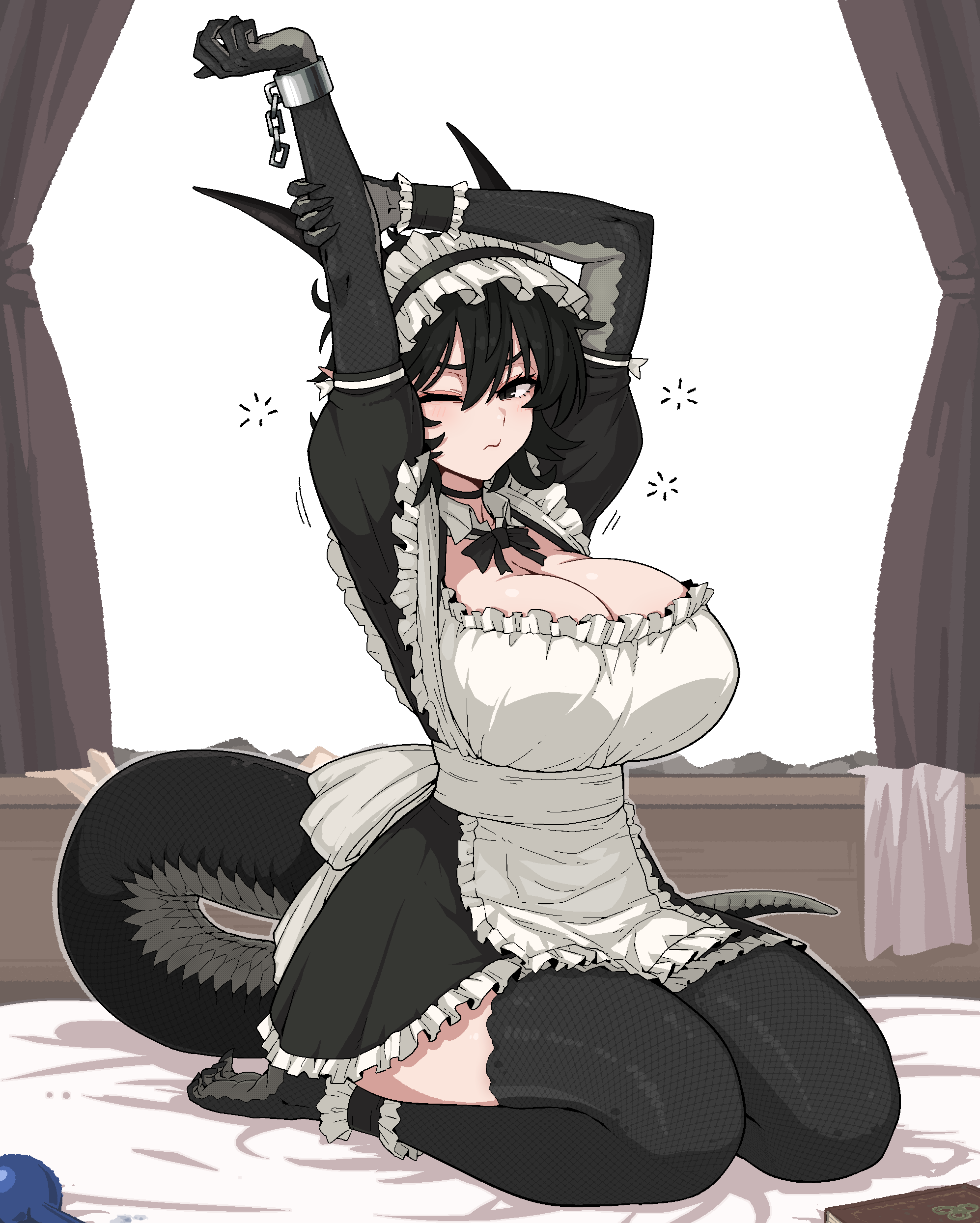 formicid, original, absurdres, commentary, english commentary, highres, 1girl, apron, arms up, barefoot, black bow, black bowtie, black dress, black eyes, black hair, black horns, black scales, black wrist cuffs, bow, bowtie, breasts, cleavage, closed mouth, cuffs, curtains, detached collar, dress, frilled anklet, frilled apron, frilled dress, frilled hairband, frilled wrist cuffs, frills, hair between eyes, hairband, horns, huge breasts, indoors, lizard tail, maid apron, maid headdress, monster girl, on bed, one eye closed, outstretched arm, puffy short sleeves, puffy sleeves, reptile girl, seiza, shackles, short hair, short sleeves, sitting, solo, stretching, tail, white apron, wrist cuffs