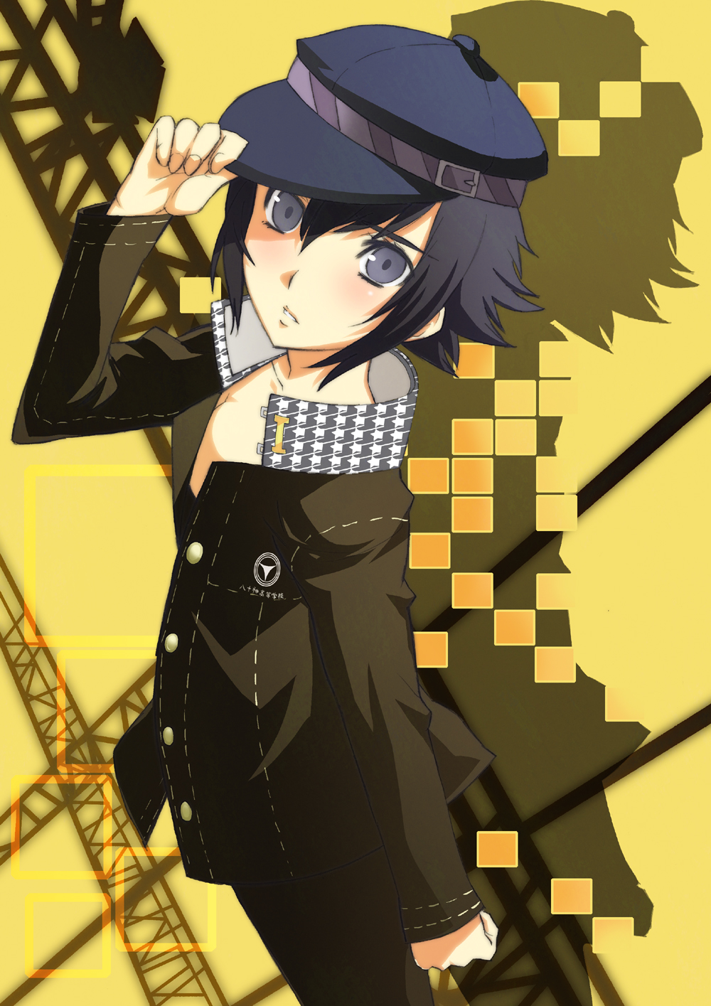 nagy, shirogane naoto, atlus, persona, persona 4, highres, 1girl, androgynous, black hair, blue eyes, female focus, hat, open clothes, reverse trap, short hair, solo