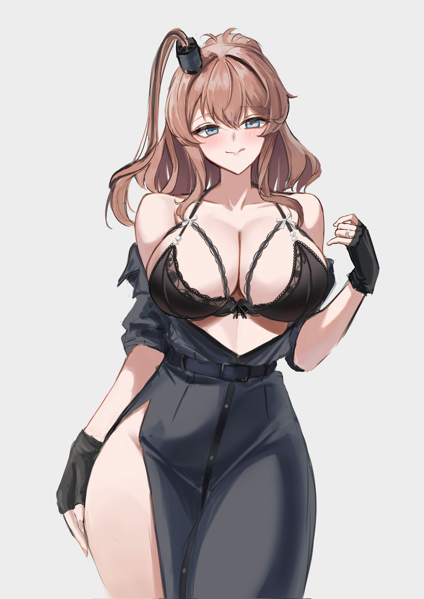 dimos (dawn 1945), saratoga (kancolle), saratoga mk ii (kancolle), kantai collection, highres, 1girl, black bra, black dress, black gloves, bra, breasts, brown hair, cowboy shot, dress, fingerless gloves, gloves, grey eyes, high side ponytail, large breasts, long hair, looking at viewer, open clothes, open dress, ponytail, side ponytail, smile, smokestack hair ornament, solo, underwear