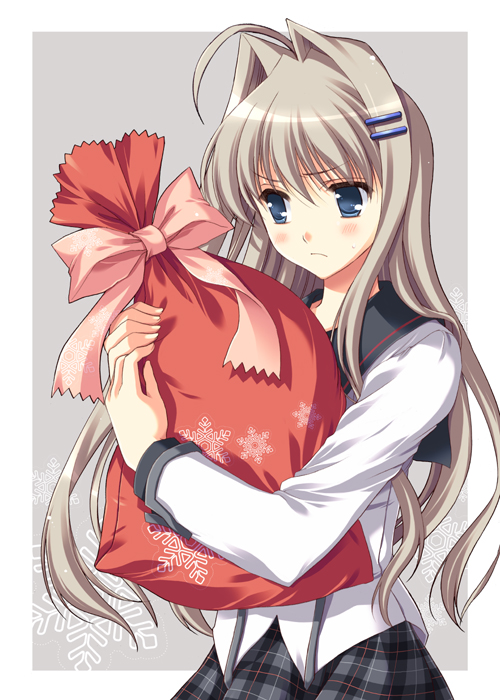 odawara hakone, kannagi rito, concerto note, 1girl, blue eyes, brown hair, female focus, gift, hair intakes, hair ornament, hairclip, holding, holding gift, long hair, school uniform, solo
