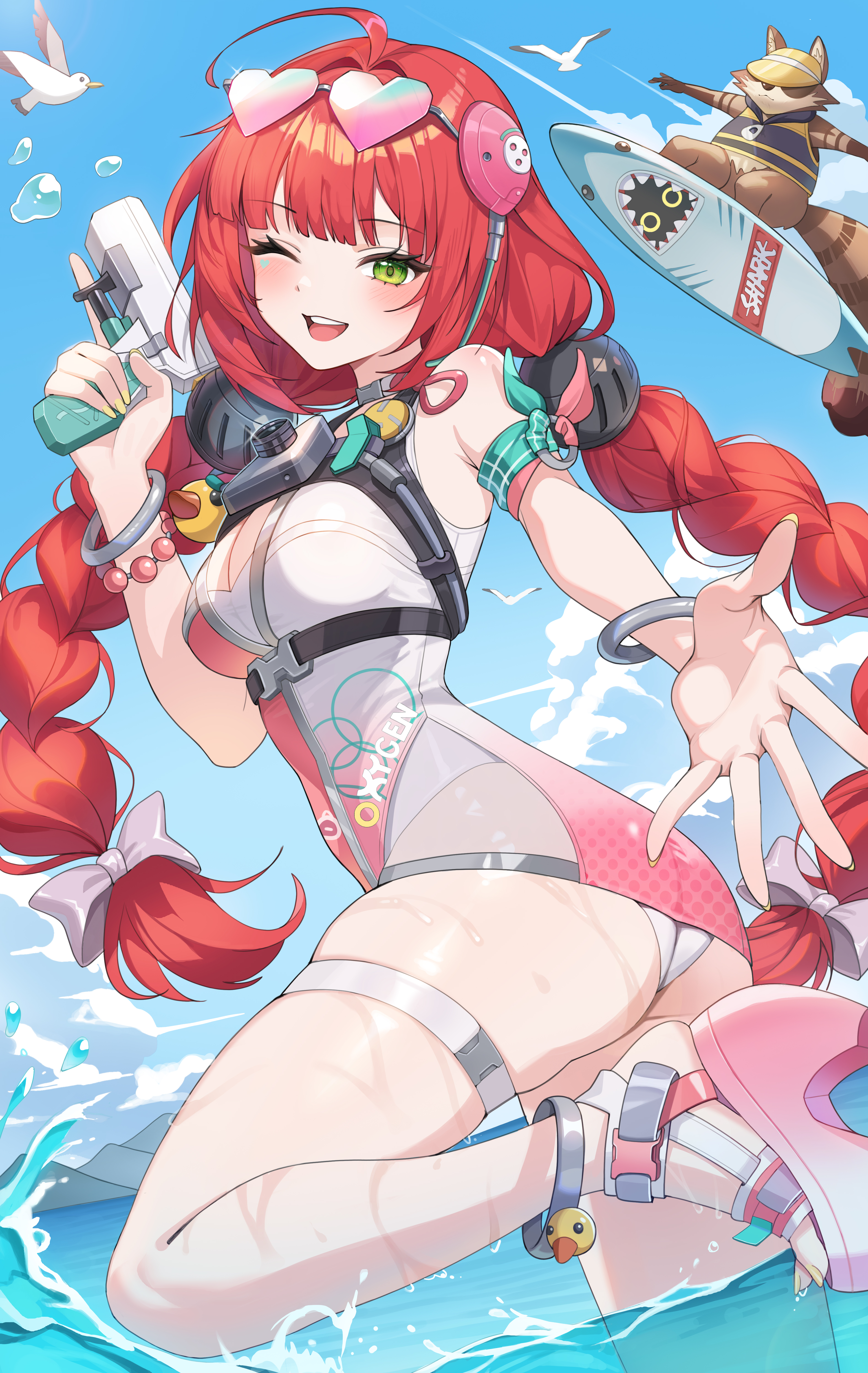 kookie, kamanosuke (zenless zone zero), ukinami yuzuha, ukinami yuzuha (tanuki in broad daylight), zenless zone zero, absurdres, commentary, highres, 1girl, ahoge, ass, bare shoulders, blue sky, bow, bracelet, breasts, cleavage, day, eyewear on head, fingernails, from side, green eyes, hair bow, hair intakes, hair ornament, hand up, hearing aid, heart, heart-shaped eyewear, heart sticker, holding, holding water gun, jewelry, leg up, light blush, looking at viewer, medium breasts, nail polish, offering hand, official alternate costume, one-piece swimsuit, one eye closed, open mouth, outdoors, pink one-piece swimsuit, red hair, skindentation, sky, smile, solo, sphere hair ornament, standing, sticker, sticker on face, sunglasses, surfboard, surfing, swimsuit, thigh strap, thighs, toenail polish, toenails, twintails, two-tone one-piece swimsuit, water gun, white bow, white one-piece swimsuit, yellow nails