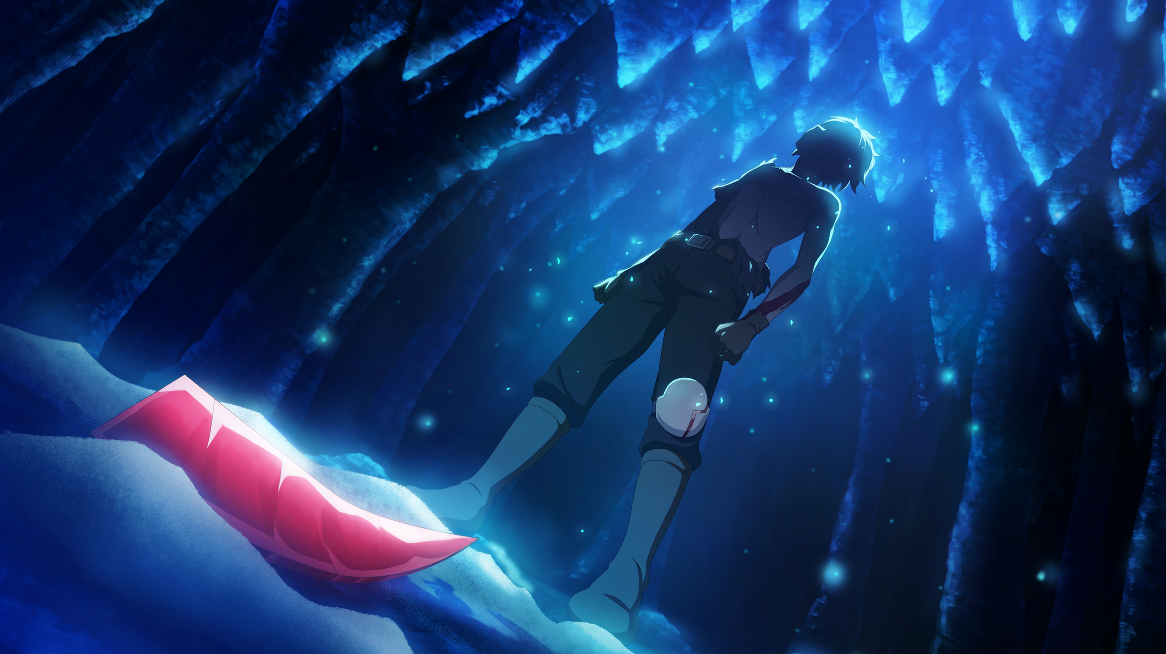 bell cranel, danmachi battle chronicle, dungeon ni deai wo motomeru no wa machigatteiru darou ka, game cg, highres, non-web source, official art, 1boy, anime coloring, belt, black pants, black shirt, blood, blood on arm, boots, brown belt, brown boots, brown gloves, cave interior, from below, gloves, male focus, pants, pants tucked in, poleyn, shaded face, shirt, short hair, solo, standing, stomach, torn clothes, torn shirt