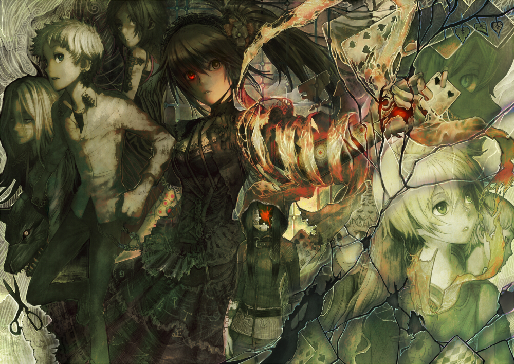 ogata 18, original, 2boys, 5girls, blood, brown eyes, brown hair, card, dress, floating card, frills, gothic lolita, holding, holding card, jigsaw puzzle, lolita fashion, multiple boys, multiple girls, puzzle, red eyes, side ponytail