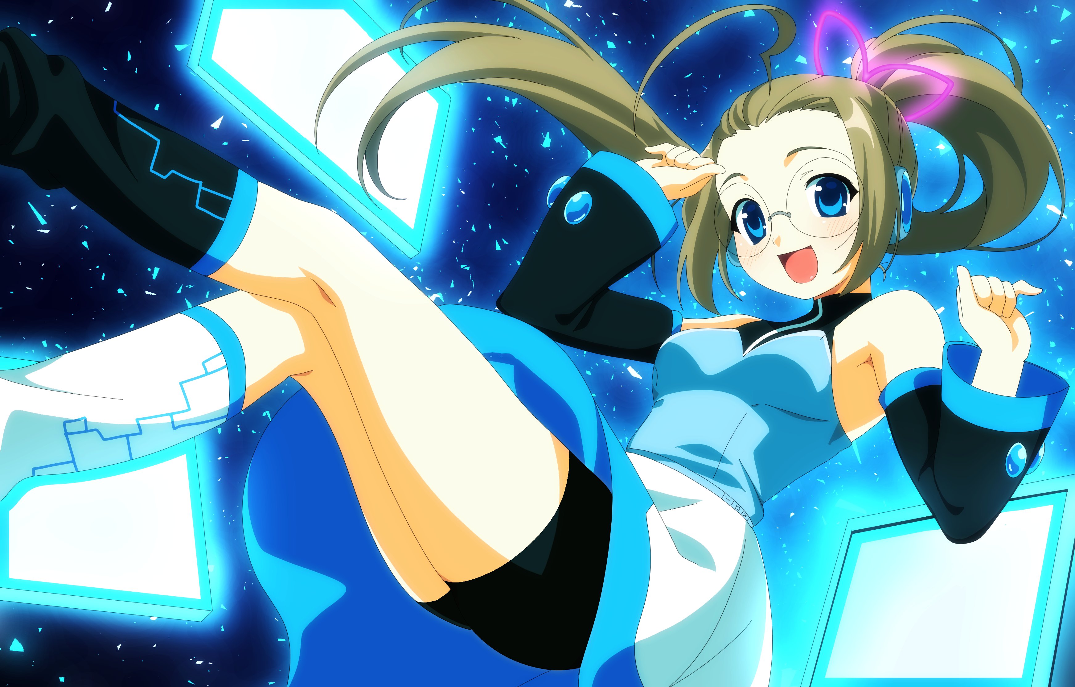 bk (barakoodra), original, absurdres, commission, highres, 1girl, 2000s (style), blue eyes, detached sleeves, faux retro artstyle, glasses, glowing, long hair, looking at viewer, open mouth, ponytail, round eyewear, science fiction, shorts, skirt, smile, solo