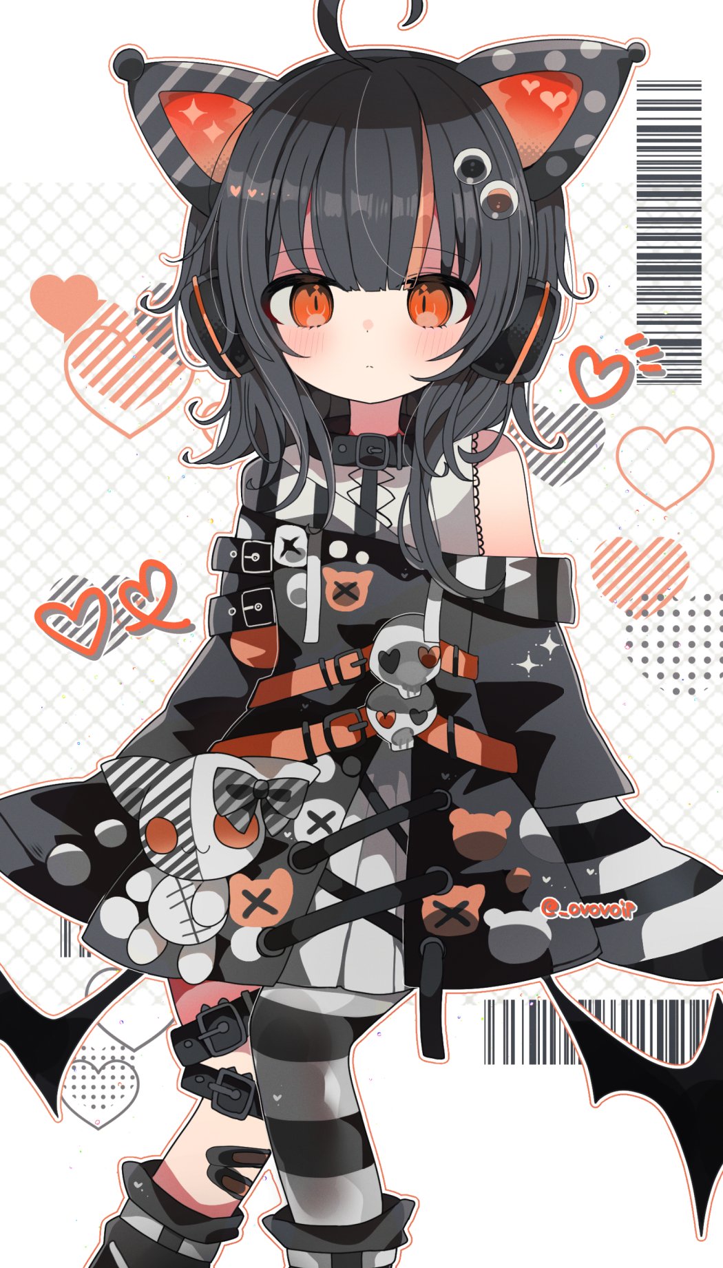 shirasuame shiromaru, sawatari coco, mahou shoujo no majo saiban, commentary request, highres, 1girl, ahoge, animal ear headphones, animal ears, asymmetrical legwear, bandaid, bandaid on leg, barcode, bat wings, belt, black belt, black collar, black hair, cat ear headphones, cat ears, closed mouth, collar, dress, fake animal ears, feet out of frame, headphones, heart, long sleeves, looking at viewer, low wings, magical girl, multicolored hair, orange eyes, pantyhose, skull, solo, striped clothes, striped pantyhose, stuffed animal, stuffed cat, stuffed toy, white dress, wings