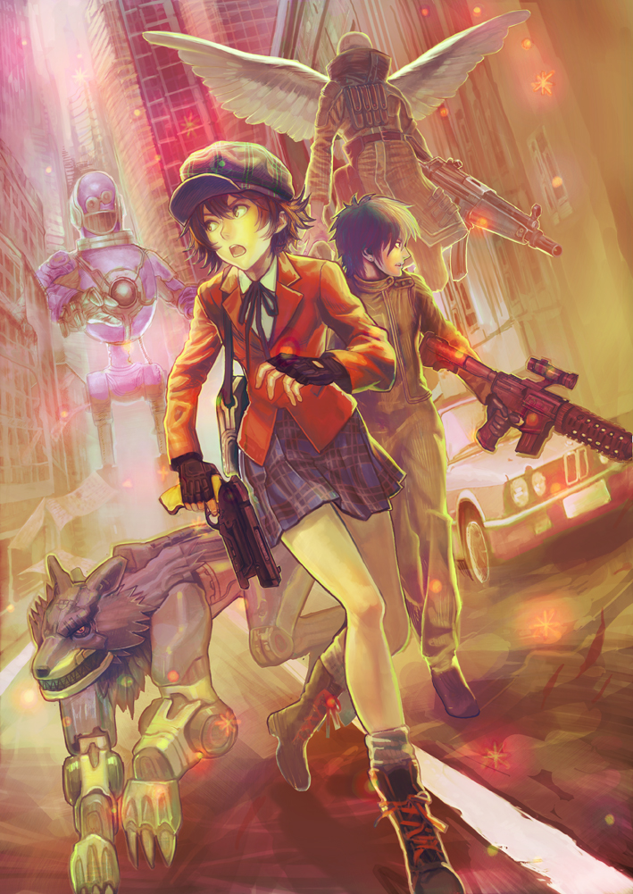 ogata 18, original, 1boy, 1girl, brown eyes, brown hair, fingerless gloves, gloves, gun, hat, legs, miniskirt, newsboy cap, open mouth, perspective, plaid clothes, plaid skirt, robot, short hair, skirt, weapon, wings