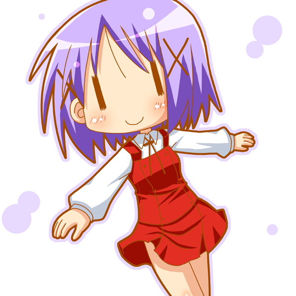 minami (colorful palette), hiiragi tsukasa, yuno (hidamari sketch), hidamari sketch, lucky star, 1girl, chibi, cosplay, female focus, hair ornament, hairclip, purple hair, school uniform, short hair, smile, solo, wide face, yamabuki high school uniform, yuno (hidamari sketch) (cosplay), | |