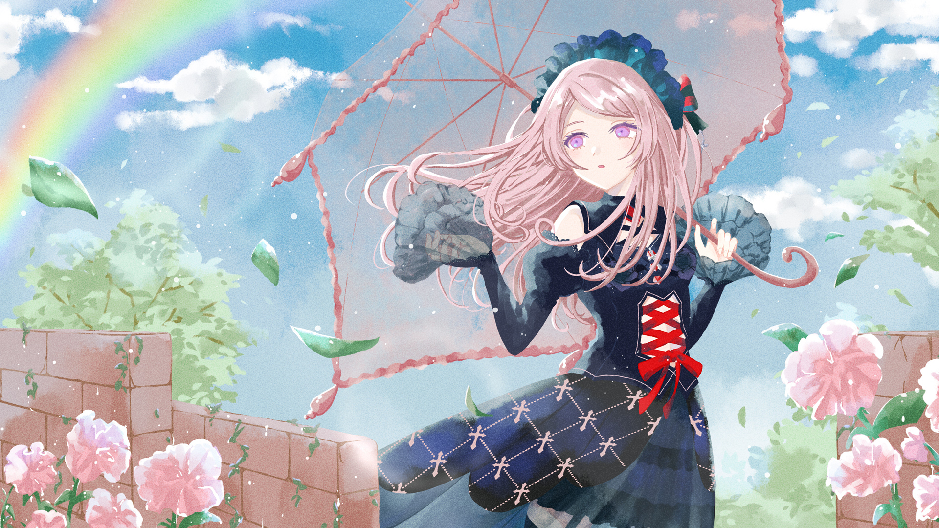 yanagima yu03, kamiki haru, indie virtual youtuber, highres, 1girl, black dress, blue sky, bow, brick wall, cloud, dress, flower, frilled hairband, frills, hairband, holding, holding umbrella, leaf, long hair, open mouth, parasol, purple eyes, purple hair, rainbow, red bow, red ribbon, ribbon, sky, solo, swept bangs, tree, umbrella