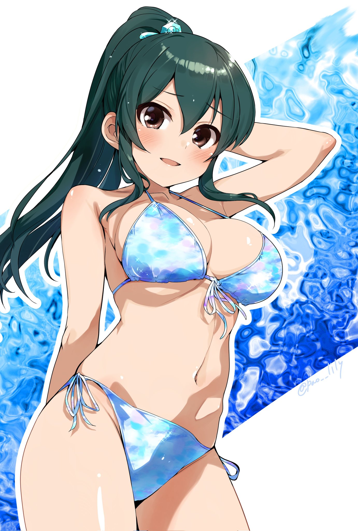 paopao, character request, commentary request, copyright request, highres, 1girl, bikini, blue bikini, breasts, brown eyes, cleavage, contrapposto, cowboy shot, front-tie bikini top, front-tie top, green hair, large breasts, long hair, ponytail, side-tie bikini bottom, solo, standing, swimsuit