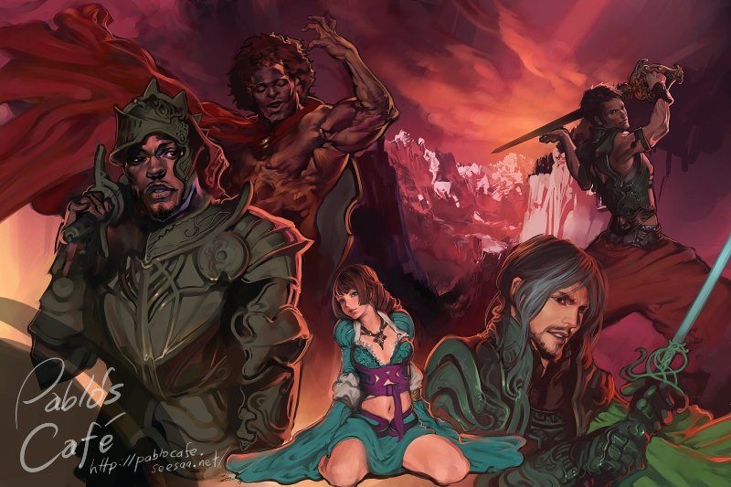pablo uchida, original, bad id, bad pixiv id, 1girl, 4boys, brown hair, dark skin, fantasy, midriff, multiple boys, sword, weapon