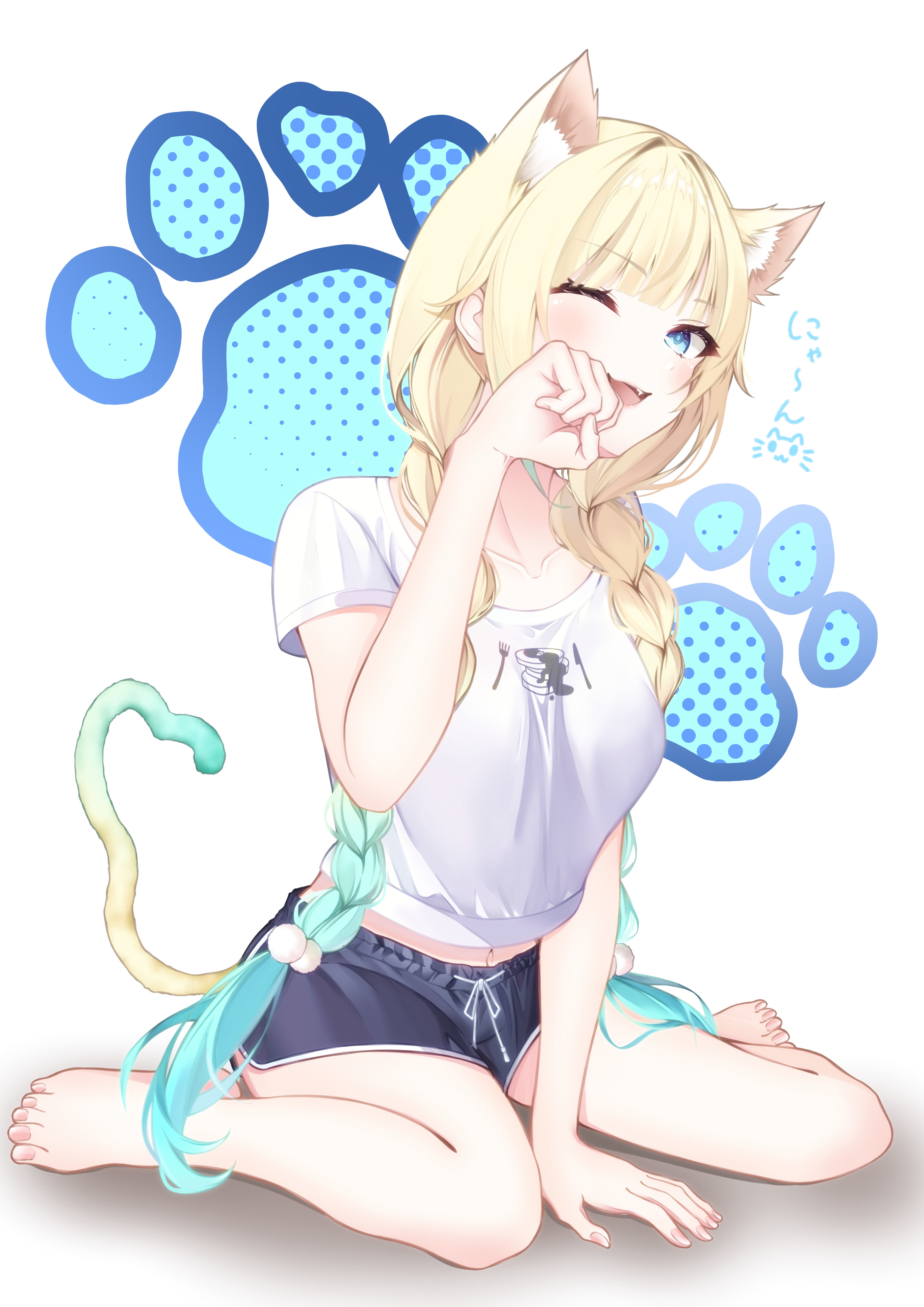 aizawa ema, aizawa ema (4th costume), vspo!, absurdres, commentary request, highres, translation request, 1girl, ;d, animal ear fluff, animal ears, aqua hair, barefoot, black shorts, blue background, blue eyes, braid, cat ears, cat girl, cat tail, dolphin shorts, full body, hair flaps, hand up, heart, heart tail, kemonomimi mode, kumaneko vvw, long hair, looking at viewer, one eye closed, open mouth, paw print, paw print background, shirt, short shorts, short sleeves, shorts, sitting, smile, solo, t-shirt, tail, twin braids, very long hair, virtual youtuber, wariza, white background, white shirt