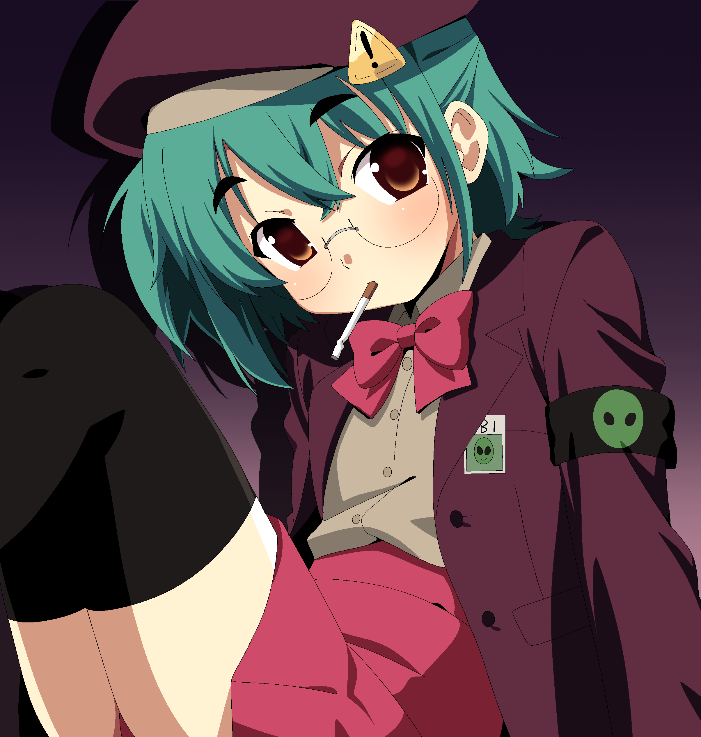 bk (barakoodra), absurdres, character request, copyright request, highres, !, alien print, armband, black armband, blazer, blush, bow, brown eyes, cigarette, collared shirt, glasses, gradient background, green hair, hat, jacket, shirt, sitting, skirt, thighhighs