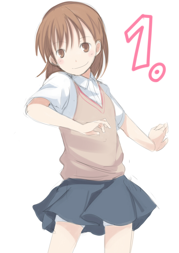 enoki p, misaka mikoto, toaru majutsu no index, bad id, bad pixiv id, 00s, 1girl, black skirt, blush, brown eyes, brown hair, cowboy shot, emblem, female focus, looking at viewer, miniskirt, pleated skirt, shirt, short sleeves, simple background, skirt, solo, standing, white background, white shirt