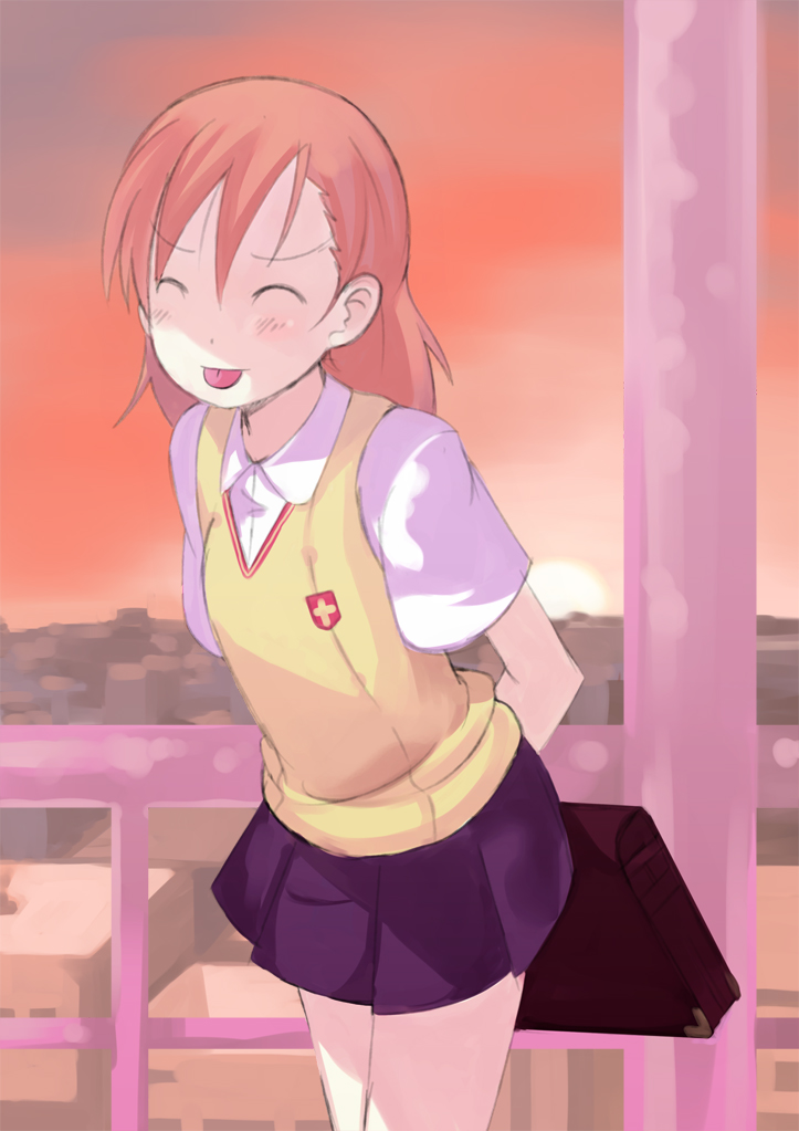 enoki p, misaka mikoto, toaru majutsu no index, bad id, bad pixiv id, 00s, 1girl, 2008, :p, arms behind back, bag, blush, brown hair, closed eyes, female focus, miniskirt, outdoors, school bag, school uniform, short hair, skirt, sky, solo, standing, sunset, thighs, tokiwadai school uniform, tongue, tongue out