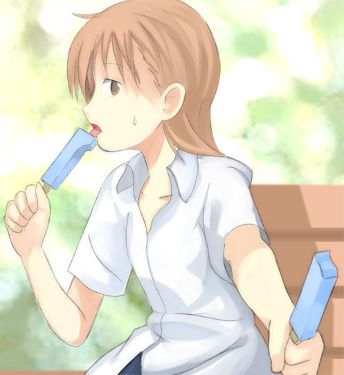 enoki p, misaka mikoto, toaru majutsu no index, bad id, bad pixiv id, 00s, 1girl, :o, :p, collarbone, collared shirt, female focus, food, from side, holding, ice cream, incoming food, looking at viewer, popsicle, pov, profile, shirt, solo, sweatdrop, tongue, tongue out, white shirt