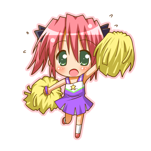 minami (colorful palette), kobayakawa yutaka, lucky star, lowres, 00s, cheerleader, chibi, green eyes, hair ribbon, pom pom (cheerleading), red hair, ribbon, solo
