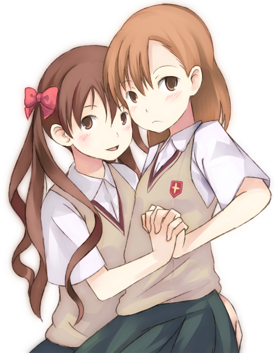 enoki p, misaka mikoto, shirai kuroko, toaru kagaku no railgun, toaru majutsu no index, ass grab, bad id, bad pixiv id, 00s, 2girls, ass, black skirt, blush, brown eyes, brown hair, cowboy shot, embarrassed, emblem, female focus, happy, holding hands, hug, long hair, looking at viewer, multiple girls, pleated skirt, school uniform, short hair, shy, simple background, skirt, smile, sweater vest, twintails, upper body, white background, yuri