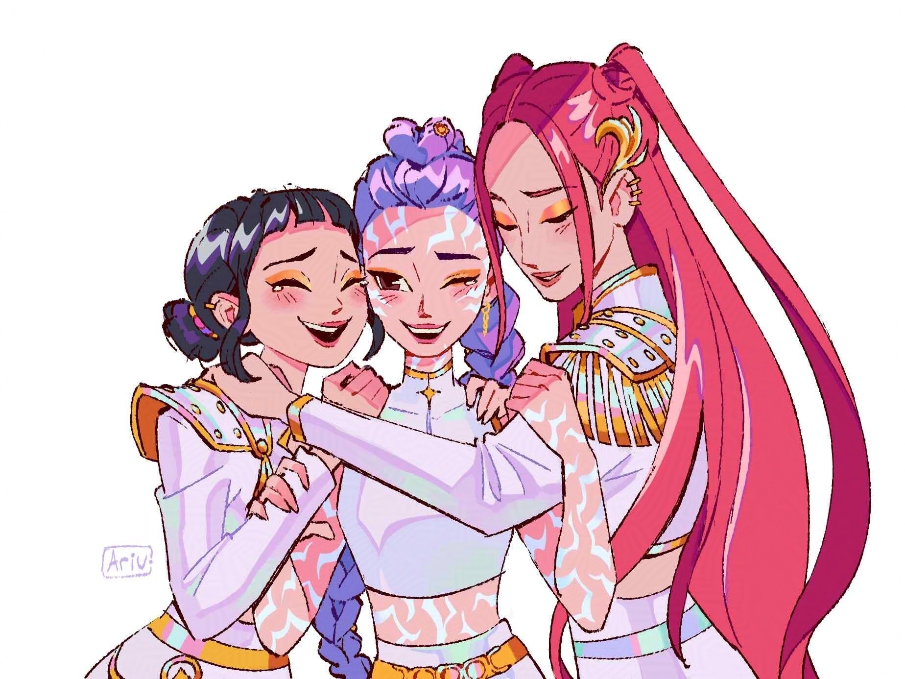 ari vsart, mira (kpop demon hunters), rumi (kpop demon hunters), zoey (kpop demon hunters), kpop demon hunters, commentary, english commentary, highres, 3girls, artist name, belt, black hair, body markings, braid, brown eyes, closed eyes, covered collarbone, crop top, cropped jacket, demon girl, double bun, eyeliner, eyeshadow, friends, group hug, hair bun, hair ornament, hair up, hand on another's arm, hand on another's shoulder, happy, hug, hug from side, leaning on person, leaning to the side, light blush, long braid, long sleeves, looking back, makeup, multiple girls, official alternate costume, one eye closed, open mouth, orange eyeliner, orange eyeshadow, parted lips, purple hair, red hair, red lips, shade, short bangs, simple background, single braid, skirt, sleeveless, smile, standing, tan, tearing up, teeth, twintails, upper body, upper teeth only, white background