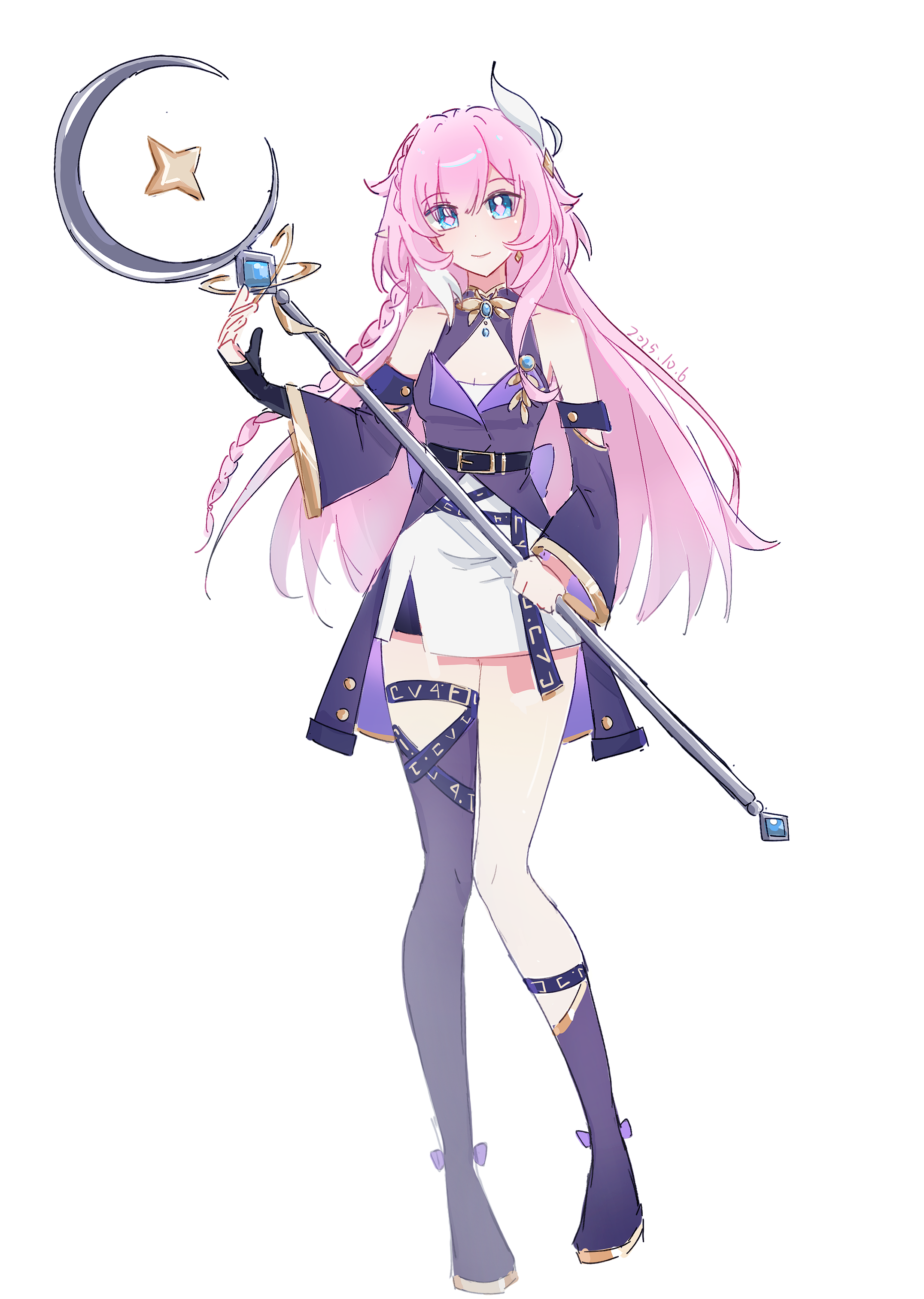 cyrene (honkai: star rail), honkai: star rail, honkai (series), absurdres, chinese commentary, commentary request, highres, 1girl, bare shoulders, blue eyes, boots, breasts, chong pao naifen, cleavage, cyrene (aedes elysiae) (honkai: star rail), elf, full body, hair ornament, holding, holding staff, looking at viewer, medium breasts, pink hair, pointy ears, purple boots, purple shirt, purple thighhighs, shirt, simple background, single thighhigh, skirt, smile, solo, staff, thighhighs, thighs, white skirt