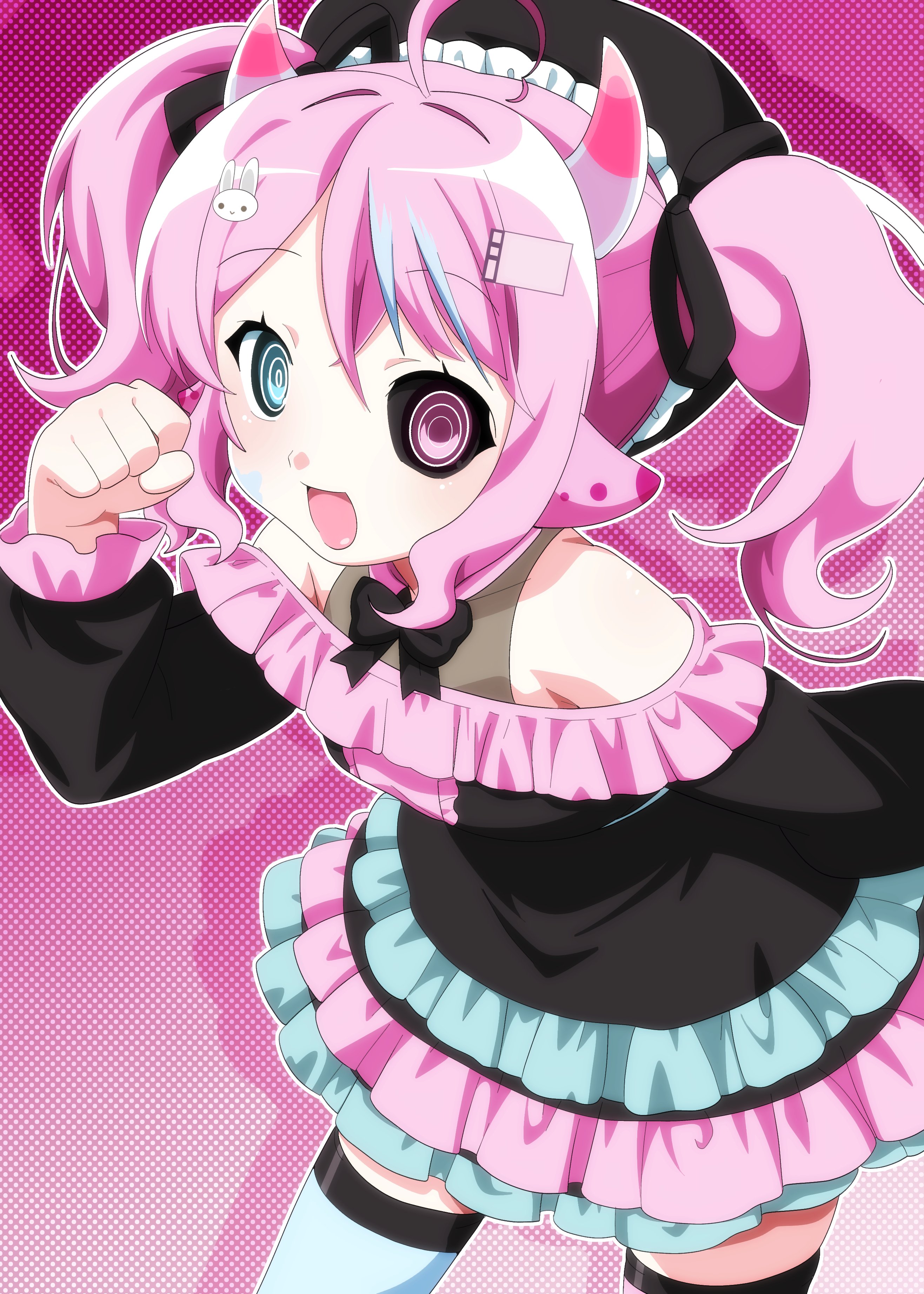 bk (barakoodra), original, absurdres, commission, highres, vgen commission, 1girl, animal ears, black bow, black sclera, bow, colored sclera, dress, eyelashes, frilled dress, frills, hair ornament, hat, heterochromia, horns, multicolored hair, open mouth, pale skin, pink hair, rabbit hair ornament, smile, solo, thighhighs