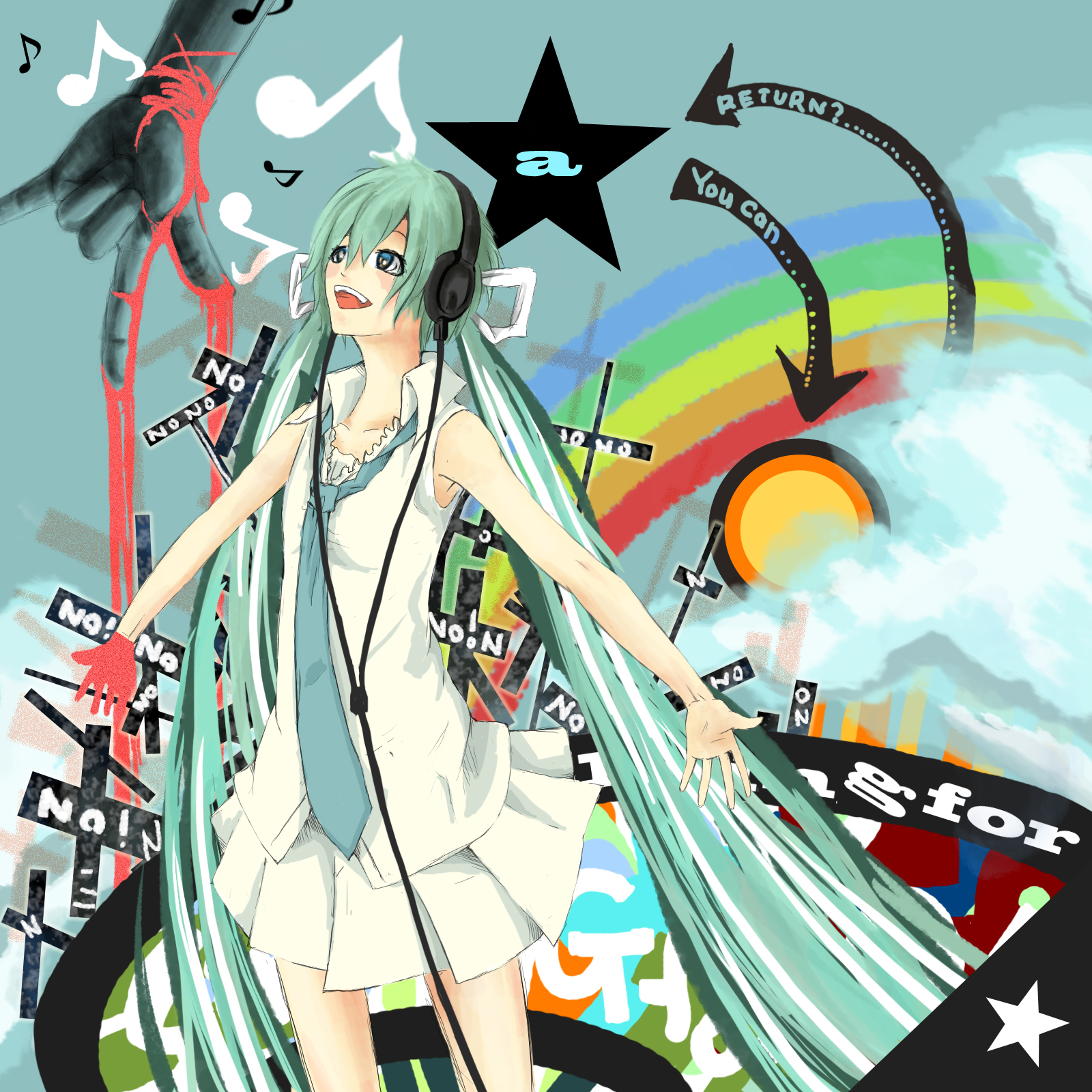 pop-req, popurika, hatsune miku, vocaloid, highres, 1girl, blue eyes, female focus, green hair, headphones, long hair, necktie, skirt, solo, twintails, very long hair