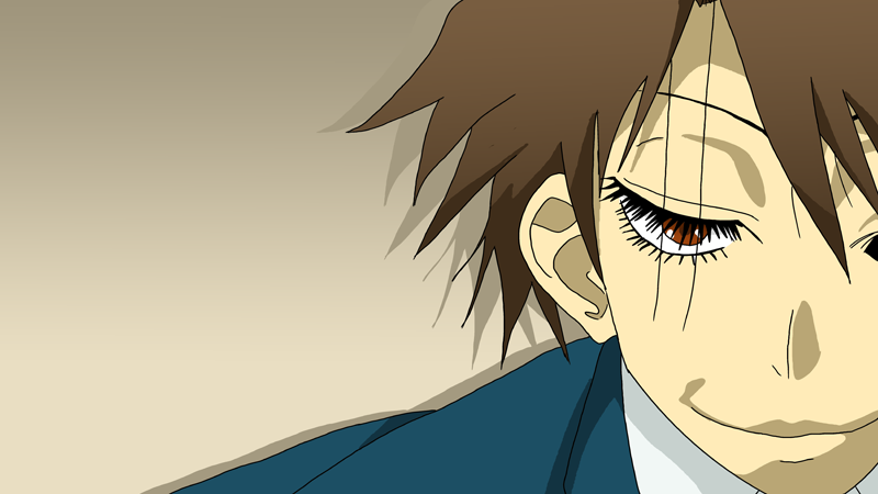 kimineri, kino kuniya, koizumi itsuki, sayonara zetsubou sensei, suzumiya haruhi no yuuutsu, non-web source, 1boy, crossover, fabulous, gradient background, male focus, parody, school uniform, solo