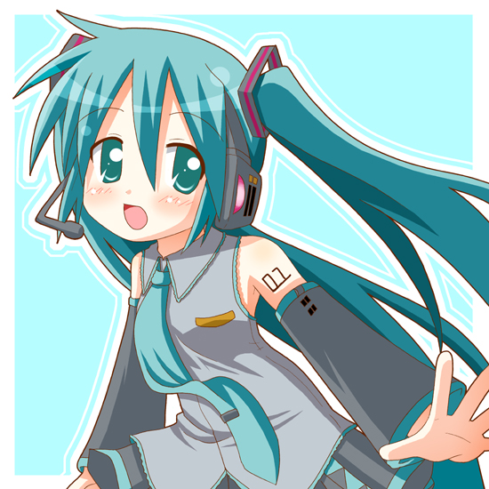 minami (colorful palette), hatsune miku, vocaloid, aqua eyes, aqua hair, detached sleeves, long hair, microphone, necktie, solo, twintails
