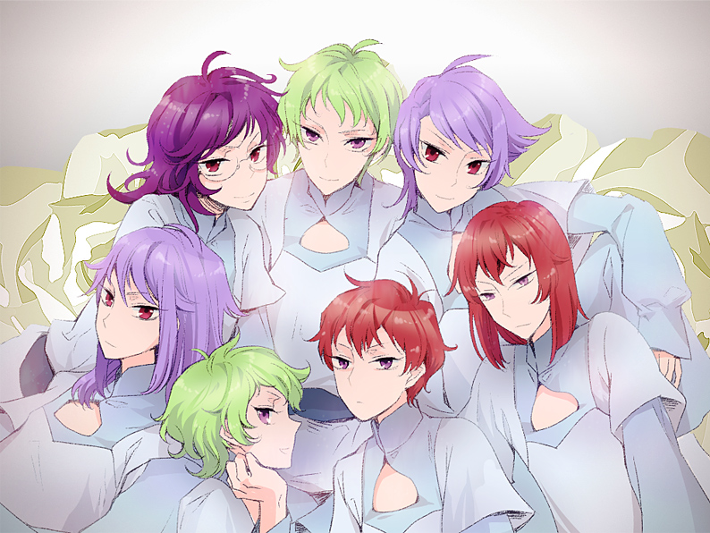 wazuka (wzzc), anew returner, bring stabity, hilling care, ogawazuka shirome, regene regetta, revive revival, ribbons almark, gundam, gundam 00, 00s, 2girls, 5boys, glasses, green hair, innovators, innovators (gundam 00), multiple boys, multiple girls, purple hair, red hair