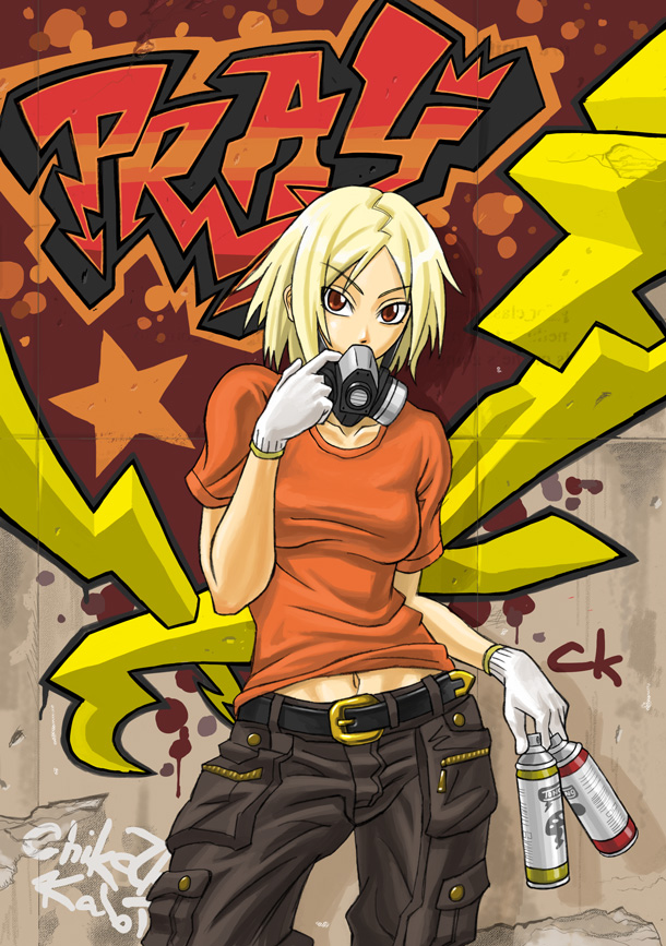 tony (chikaku kabin), 1girl, belt, blonde hair, cargo pants, delinquent, female focus, gloves, graffiti, navel, pants, red eyes, shirt, short hair, solo, spray paint, t-shirt