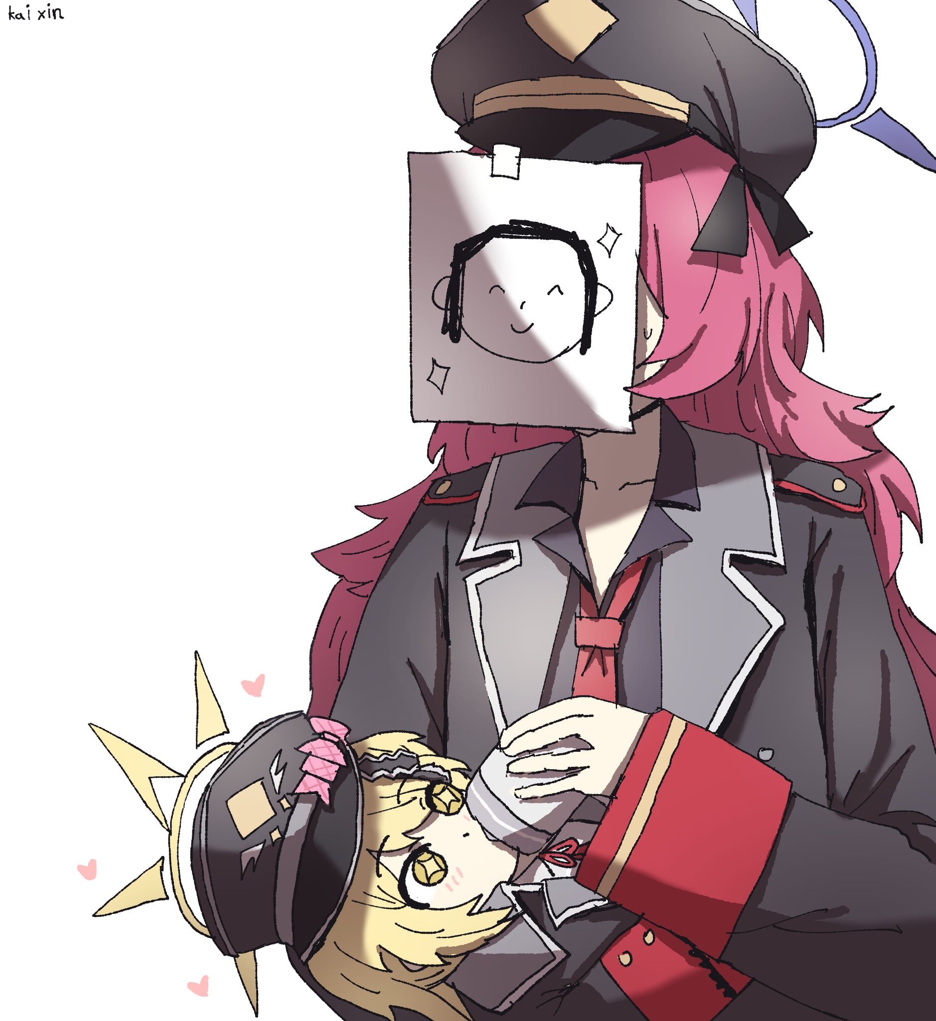 kai xin, doodle sensei (blue archive), ibuki (blue archive), iroha (blue archive), sensei (blue archive), blue archive, fluffy hair, highres, 2girls, baby bottle, bottle, bow, bowtie, feeding, halo, hat, heart, holding, holding bottle, long hair, multiple girls, necktie, paper on head, pink bow, pink bowtie, red necktie, sparkling eyes, sweatdrop, very long hair, white background, yellow eyes, yellow halo