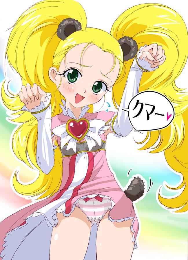 takahashi tetsuya, kujou hikari, shiny luminous, futari wa precure, futari wa precure max heart, precure, 00s, animal ears, bear ears, bear tail, blonde hair, blush, brooch, clothes lift, dress, dress lift, embarrassed, green eyes, jewelry, panties, pantyshot, skirt, skirt lift, solo, sweat, tail, twintails, underwear, upskirt
