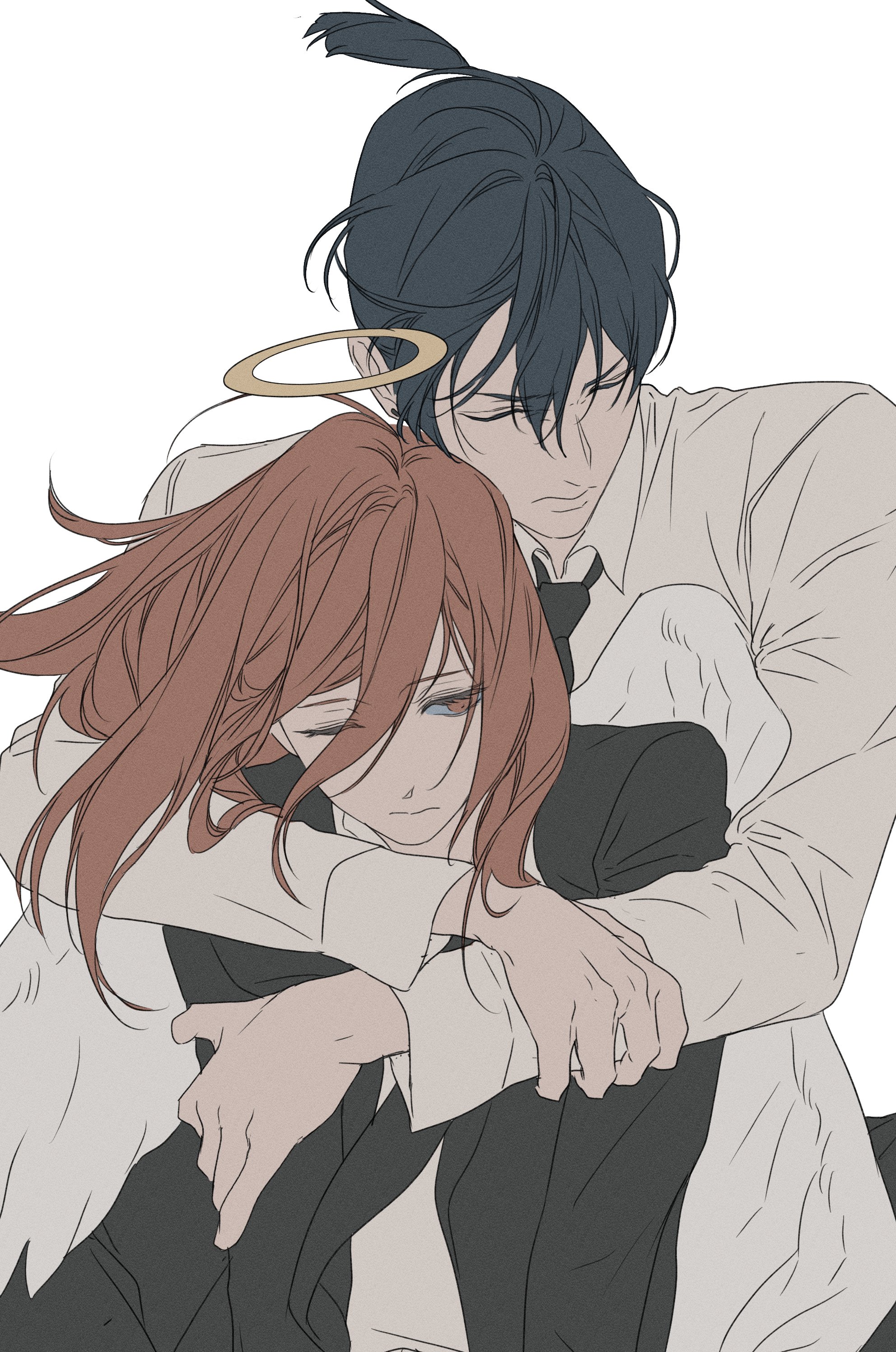 ea ateu, angel devil (chainsaw man), hayakawa aki, chainsaw man, absurdres, highres, 2boys, angel wings, black hair, black necktie, closed eyes, closed mouth, collared shirt, formal clothes, halo, hug, hug from behind, jacket, male focus, multiple boys, necktie, one eye closed, shirt, short hair, simple background, suit, suit jacket, topknot, traditional halo, white background, white shirt, white wings, wings