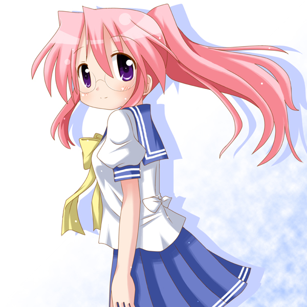 minami (colorful palette), takara miyuki, lucky star, 00s, alternate hairstyle, glasses, long hair, pink hair, ponytail, purple eyes, school uniform, serafuku, solo