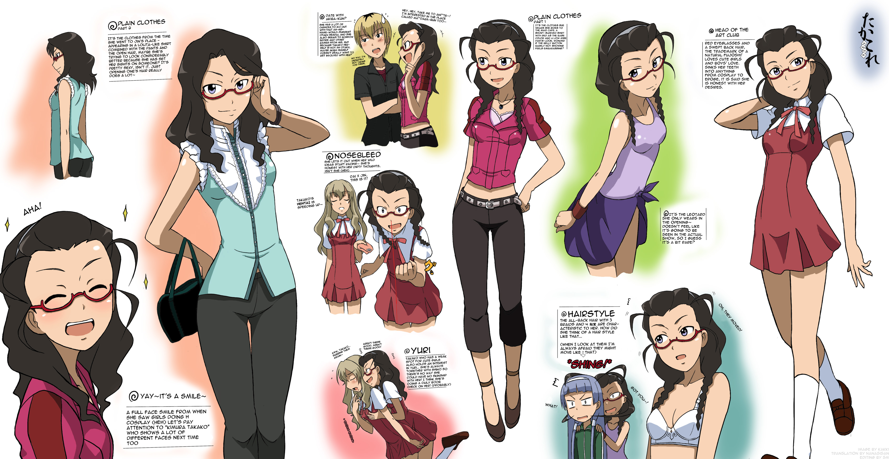 takaya n, akiba meguru, kimura takako, nagi, ookouchi shino, kannagi, absurdres, hard-translated, highres, third-party edit, translated, 00s, blood, casual, glasses, groping, nosebleed, one-piece swimsuit, prehensile hair, school uniform, swimsuit