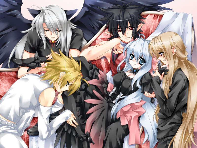 toujou sakana, ashe (under the moon), kyle (under the moon), sena (under the moon), unan, zero (under the moon), under the moon, game cg, 1girl, 4boys, angel wings, animal ears, black hair, blonde hair, blue eyes, blue hair, cat ears, choker, closed eyes, detached sleeves, dress, high heels, long hair, male harem, multiple boys, pantyhose, pointy ears, red eyes, shoes, short hair, smile, very long hair, white hair, wings