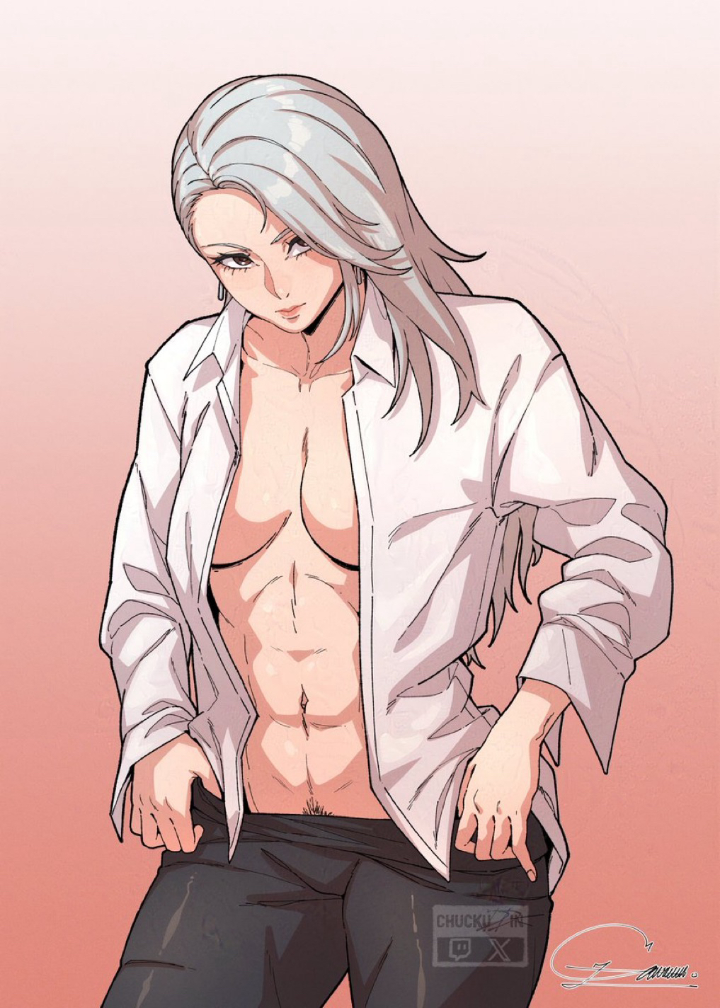 chuckuddin, niijima sae, persona, persona 5, highres, abs, black pants, breasts, cleavage, collarbone, collared shirt, earrings, female pubic hair, hair over eyes, jewelry, long hair, navel, open clothes, open shirt, pants, pubic hair, pubic hair peek, shirt, underboob, undressing