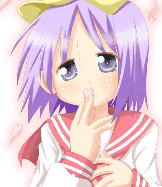 minami (colorful palette), hiiragi tsukasa, lucky star, 00s, cherry blossoms, purple hair, school uniform, serafuku, short hair, solo