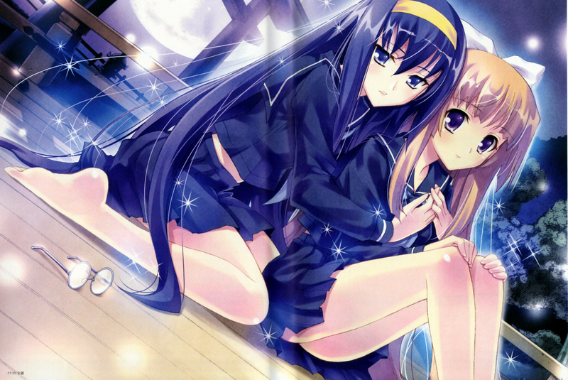 kaishaku, himemiya chikane, himiko (kyoshiro to towa no sora), himiko (kyoushirou to towa no sora), kaon (kyoushirou to towa no sora), kurusugawa himeko, kannazuki no miko, kyoushirou to towa no sora, official art, scan, scan artifacts, 00s, 2girls, bare legs, barefoot, blonde hair, blue eyes, blue hair, blush, couple, crease, dutch angle, feet, full moon, glasses, hair ribbon, hairband, holding hands, hug, legs, long hair, midriff, moon, multiple girls, night, night sky, on floor, orange hair, outdoors, pleated skirt, purple eyes, ribbon, school uniform, serafuku, sitting, skirt, sky, smile, sparkle, torii, unworn eyewear, very long hair, yuri