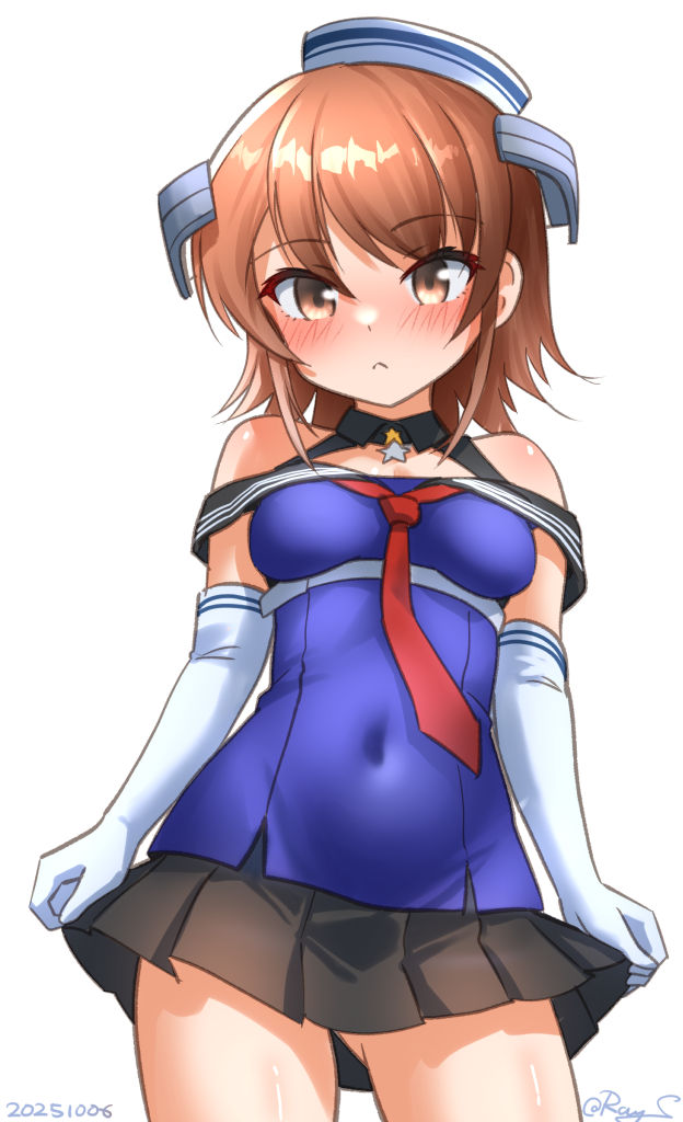 ray.s, richard p. leary (kancolle), richard p. leary kai (kancolle), kantai collection, 1girl, black sailor collar, black skirt, blue shirt, blush, breasts, brown eyes, brown hair, covered navel, cowboy shot, dated, dixie cup hat, elbow gloves, flipped hair, gloves, hat, headgear, looking at viewer, medium breasts, military hat, neckerchief, off shoulder, one-hour drawing challenge, red neckerchief, sailor collar, sailor shirt, shirt, short hair, simple background, skirt, solo, star (symbol), twitter username, white background, white gloves, white hat