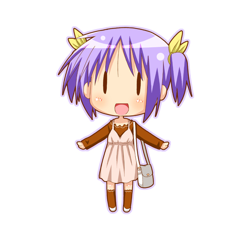 minami (colorful palette), hiiragi tsukasa, lucky star, lowres, 00s, bag, casual, chibi, hair ribbon, handbag, purple hair, ribbon, short hair, solo, twintails, | |