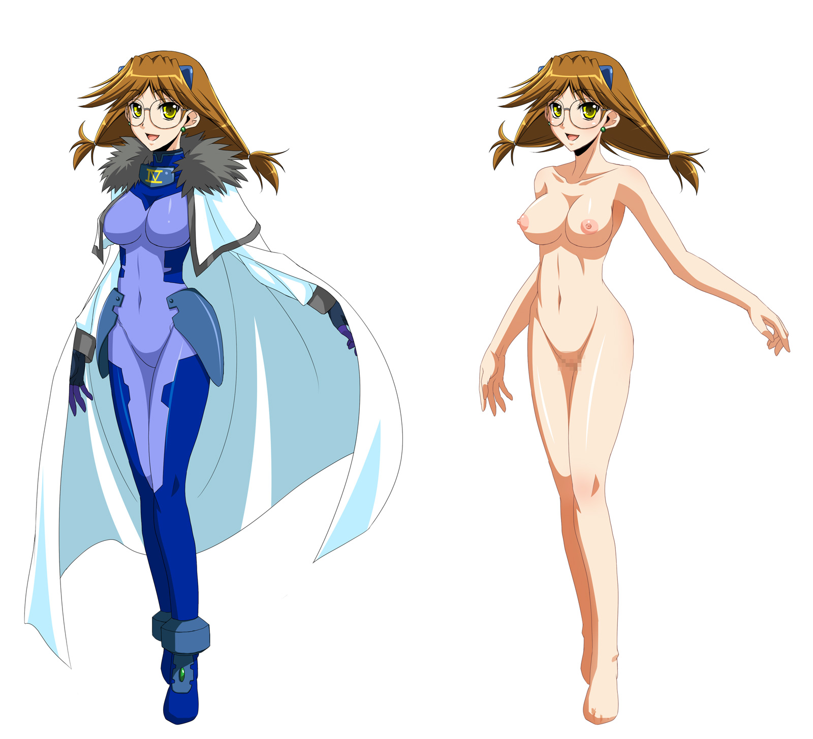ichimedoo, numbers (nanoha), quattro (nanoha), lyrical nanoha, mahou shoujo lyrical nanoha, mahou shoujo lyrical nanoha strikers, highres, 00s, 1girl, barefoot, bodysuit, breasts, brown hair, cape, censored, glasses, legs, nipples, nude, twintails, yellow eyes
