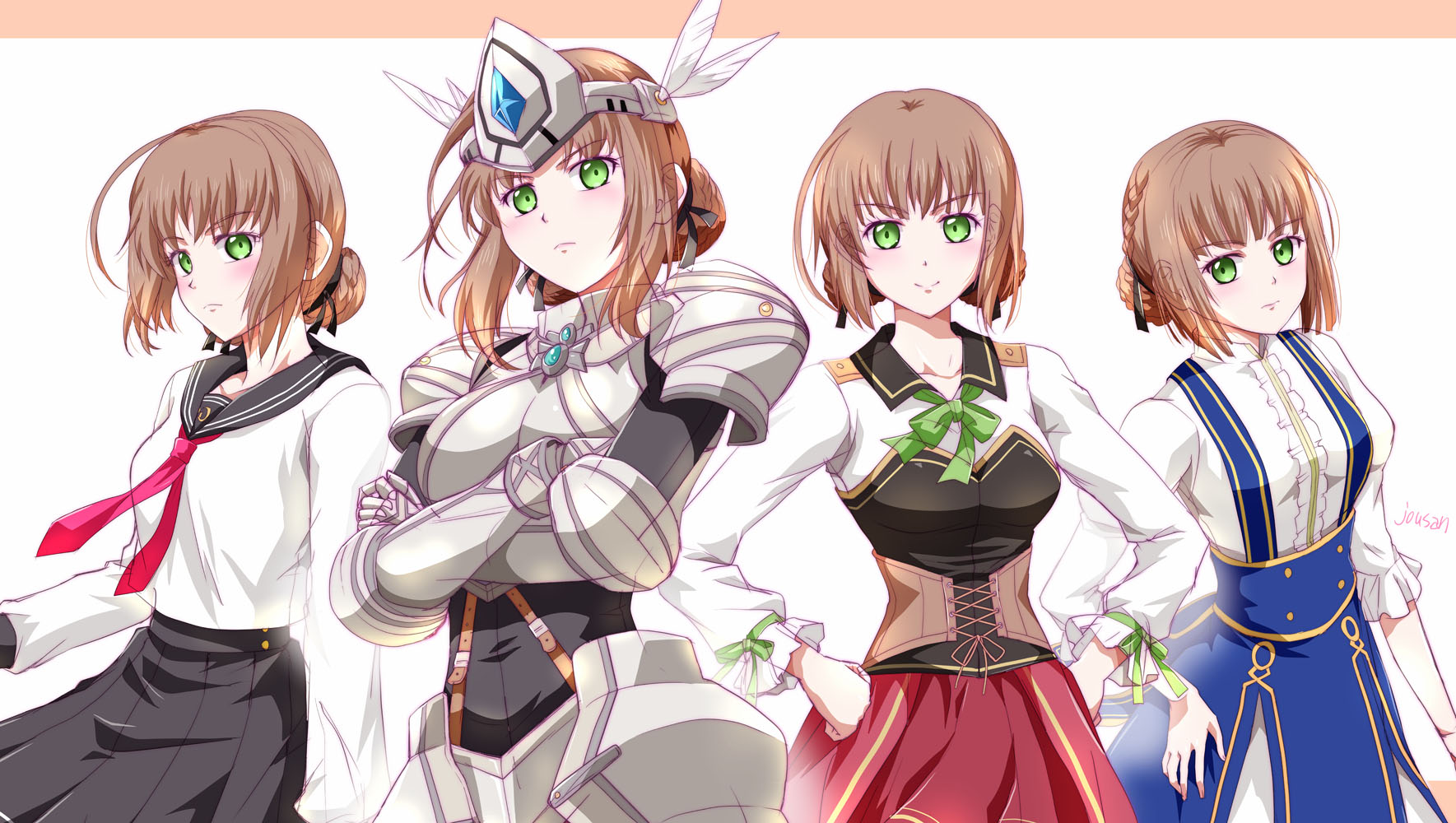 xiacheng tatsuya, duvalie, ao no kiseki, eiyuu densetsu, hajimari no kiseki, sen no kiseki, sen no kiseki (series), sen no kiseki iv, highres, 4girls, armor, artist name, black sailor collar, black skirt, bob cut, border, braid, breastplate, brown border, brown hair, bun with braided base, closed mouth, crossed arms, cuisses, dress, feather hair ornament, feathers, gauntlets, green eyes, hair bun, hair ornament, hand on own hip, hands on own hips, long sleeves, looking at viewer, multiple girls, neckerchief, pauldrons, puffy long sleeves, puffy sleeves, red neckerchief, sailor collar, school uniform, serafuku, short hair, shoulder armor, single hair bun, skirt, smile, tied sleeves, two-tone background, upper body, white background