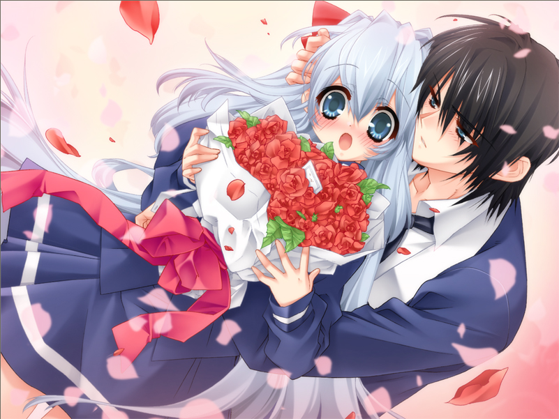 toujou sakana, ashe (under the moon), leni (under the moon), under the moon, game cg, 1boy, 1girl, :o, black hair, blue eyes, blue hair, blush, couple, dress, dutch angle, flower, hand on another's head, hetero, hug, hug from behind, long hair, open mouth, petals, rose, surprised, very long hair, white hair