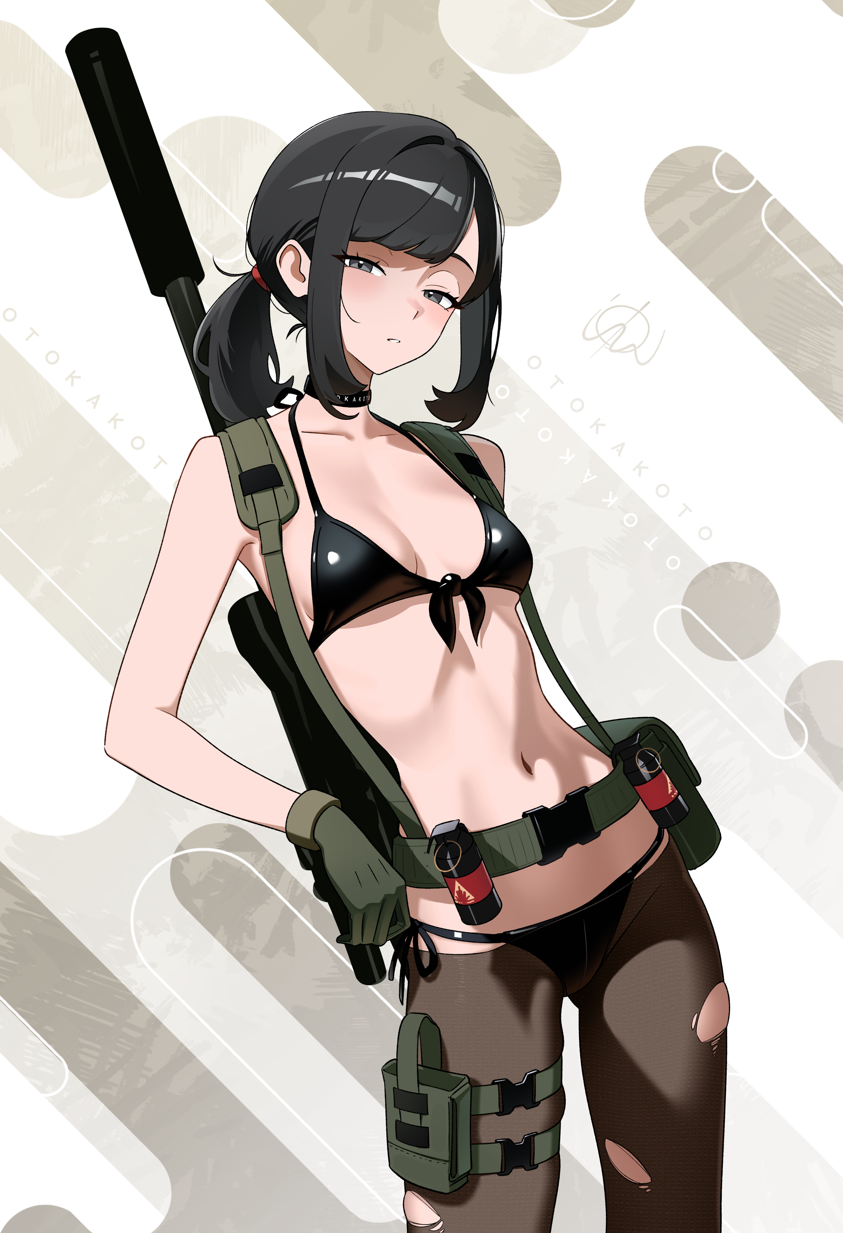 otokakoto, quiet (metal gear), selene (pokemon), metal gear (series), metal gear solid, metal gear solid v: the phantom pain, nintendo, pokemon, pokemon sm, absurdres, highres, 1girl, belt, bikini, black bikini, black choker, black hair, breasts, choker, collarbone, cosplay, cowboy shot, explosive, gloves, grenade, grey eyes, gun, halloween costume, holster, pantyhose, parted lips, ponytail, quiet (metal gear) (cosplay), rifle, scope, short ponytail, sidelocks, small breasts, sniper rifle, solo, swimsuit, thigh holster, torn clothes, torn pantyhose, weapon, weapon on back