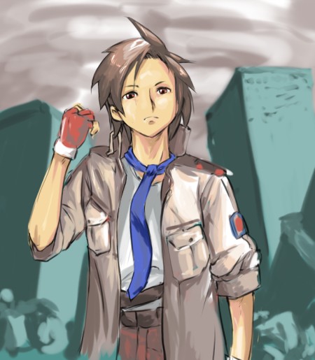 rnaru0, will (advance wars), advance wars, advance wars: days of ruin, 1boy, belt, building, fingerless gloves, frown, gloves, grey hair, male focus, military, military uniform, necktie, open clothes, open shirt, outdoors, pink eyes, shirt, short hair, sky, sleeves rolled up, solo, spiked hair